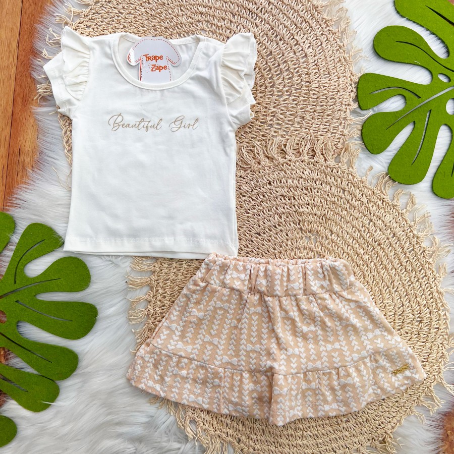 Conj. Blusa Beautiful Girl e Short Saia Corações - Off White e Salmão